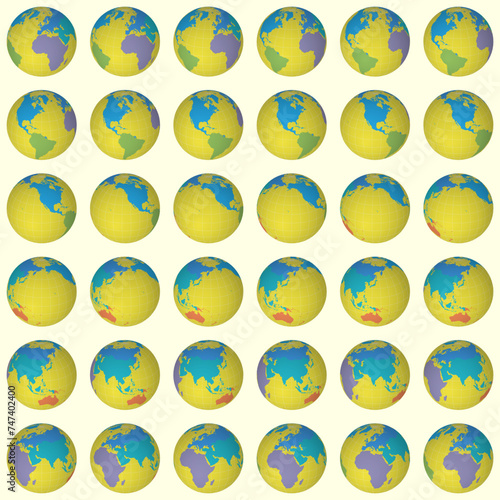 Collection of planet globes. Slanted sphere view. Rotation step 10 degrees. Colored continents style. World map with sparse graticule lines on pale background. Delicate vector illustration.