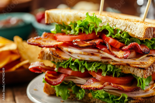 Close-up of a classic club sandwich, stacked high with bacon, lettuce, tomato, and sliced turkey, side of chips, diner atmosphere