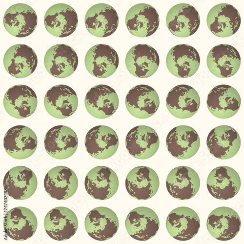 Collection of planet globes. North pole sphere view. Rotation step 10 degrees. Solid color style. World map with graticule lines on creamy background. Impressive vector illustration.