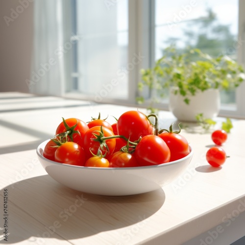 Fresh tomatoes in a bowl placed on the kitchen table.