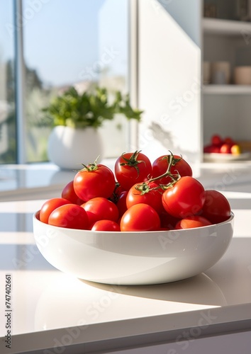 Fresh tomatoes in a bowl placed on the kitchen table.