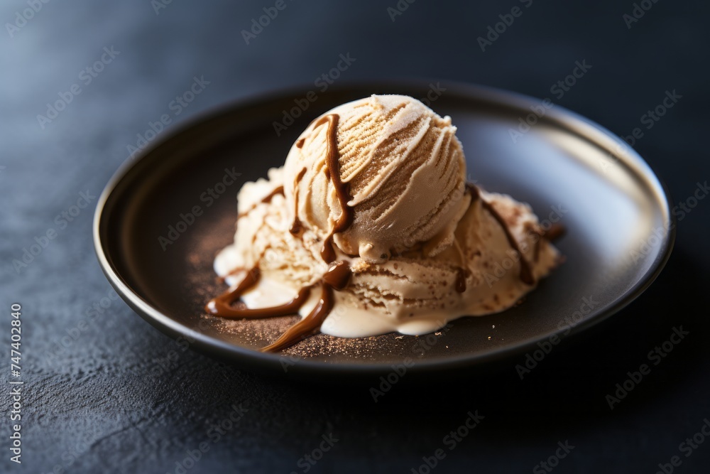 Hearty ice cream on a rustic plate against a minimalist or empty room background Hearty ice cream on a rustic plate against a minimalist or empty room background