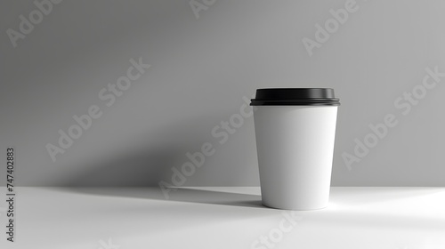 White Plastic Disposable Cup or Coffee Paper Cup with black cap isolated on light grey background. take away. mockup.