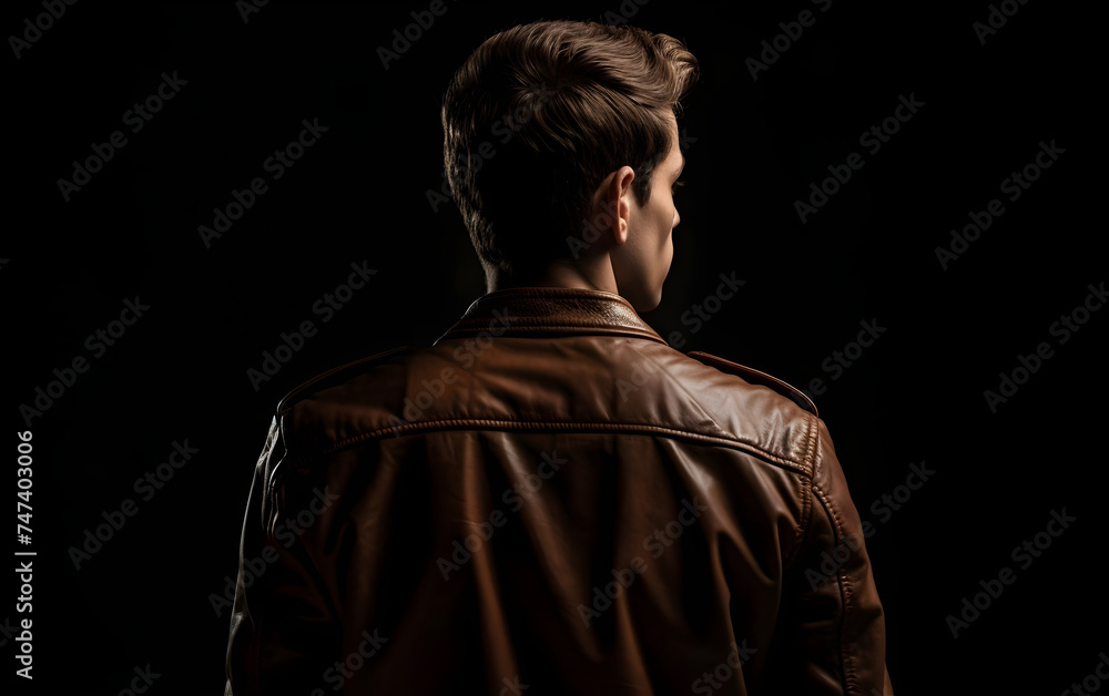 A young man in a brown jacket, rear view.