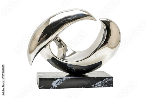 Contemporary Silver Abstract Sculpture on Marble Base - Isolated on White Background 