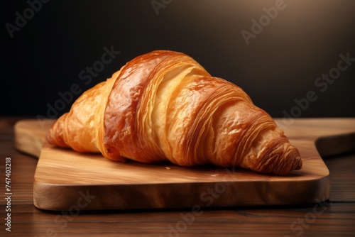 Juicy croissant on a wooden board against a minimalist or empty room background