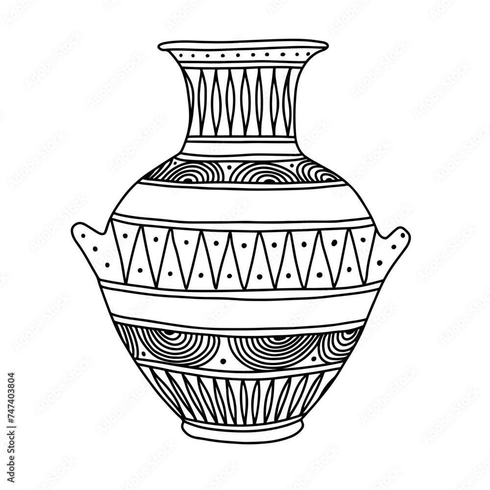 Greek  vase. Coloring page. Doodle poster. Stock vector illustration.