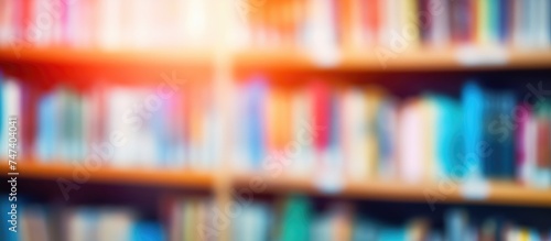 An abstract blurred image of a bookshelf filled with numerous books, creating a dynamic and visually engaging background. The books are stacked and organized on the shelves,