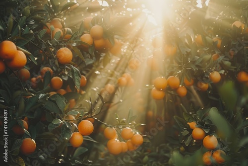 Close-up of ripe oranges on a tree, bathed in the warm glow of the setting sun, highlighting the freshness of the fruit.