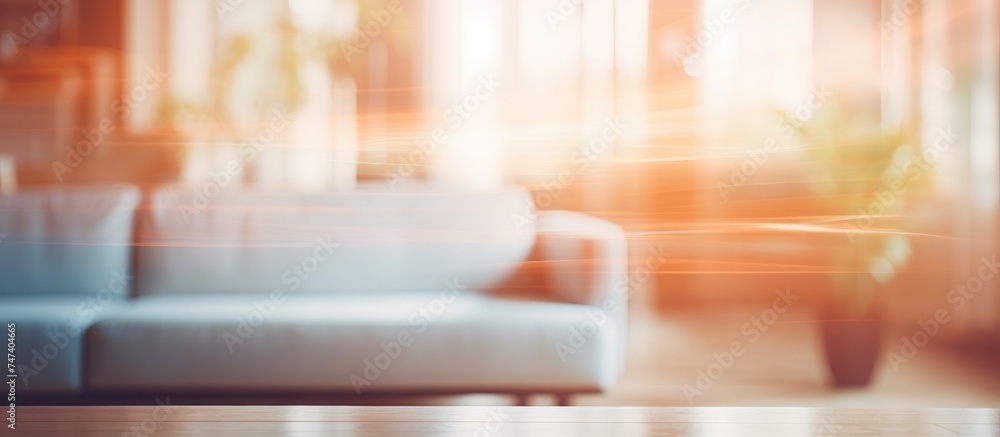 A blur effect is applied to a living room showcasing a couch as the main focal point. The room appears slightly vintage with soft lighting. - obrazy, fototapety, plakaty 