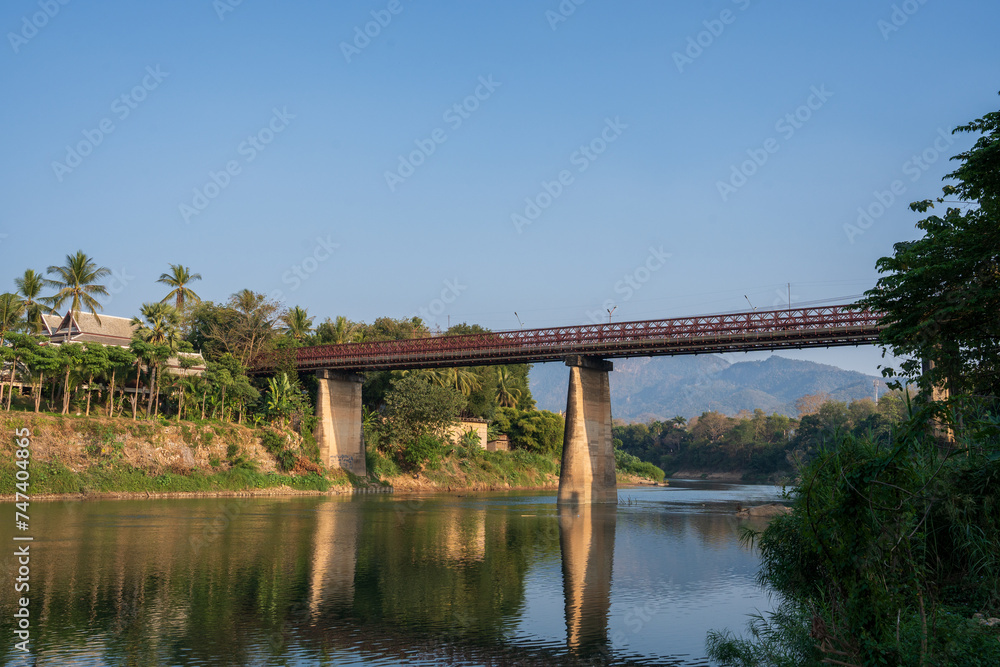 The Nam Khan River, which flows into the Mekong River, is located in Luang Prabang, Laos, Asia. The Nam Khan River, which flows into the Mekong River, is located in Luang Prabang, Laos, Asia.
