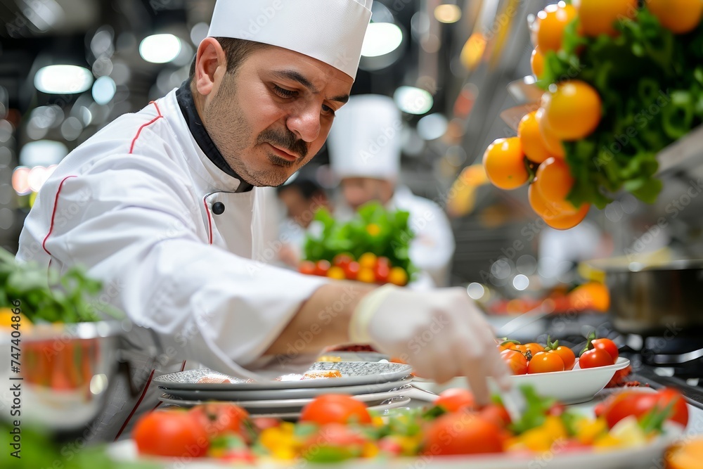 Professional Chef in White Uniform Garnishing Food in a Busy Restaurant Kitchen with Fresh Vegetables Professional Chef in White Uniform Garnishing Food in a Busy Restaurant Kitchen with Fresh Vegetables
