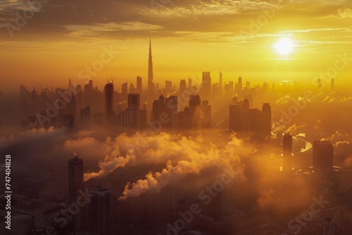 Majestic Sunrise Over Modern City Skyline with Glowing Sunlight and Hazy Fog Above Skyscrapers and Urban Landscape