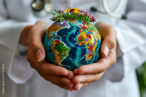 Healthcare Professional Holding a Globe Decorated with Flowers Representing Global Health and Nature Preservation