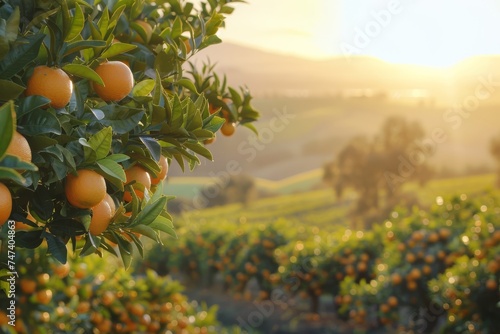 Ripe oranges hanging on lush trees during sunset with rolling hills in the background, capturing a serene agricultural landscape.