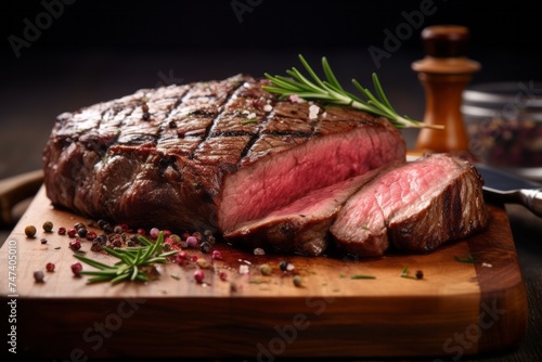 Exquisite medium rare ribeye steak on a wooden board against a pastel or soft colors background
