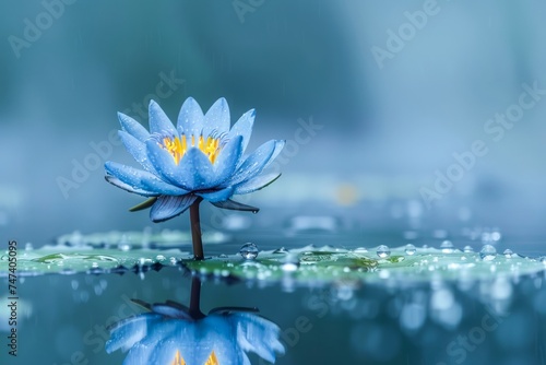 Serene Water Lily in Rain on Tranquil Pond - Blue Flower with Water Droplets Reflecting in Calm Water