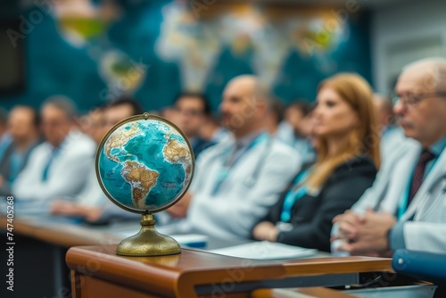 Vintage Globe in Focus at International Conference with Diverse Participants Listening in Background