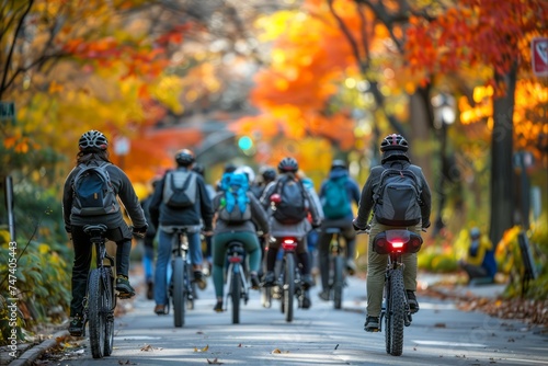 Group of Cyclists on Leafy Urban Street Enjoying a Ride in Autumn Season, Vivid Fall Colors and Outdoor Activity Theme