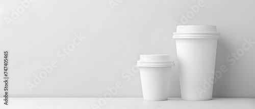 Two white Plastic Disposable Cup or Coffee Paper Cup againts the cap isolated on light grey background. take away. mockup. photo