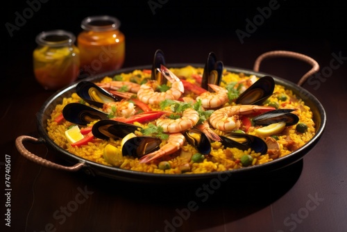 Tasty paella on a slate plate against a pastel or soft colors background