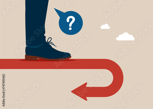 Reverse back. Frustrated investor looking at his reverse direction pathway. Flat vector illustration