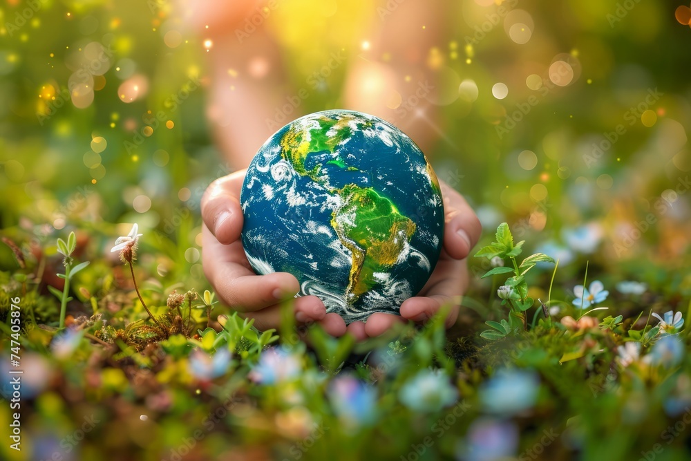 Hand Holding a Miniature Earth Globe in a Lush Green Meadow with Sunlight and Wildflowers Hand Holding a Miniature Earth Globe in a Lush Green Meadow with Sunlight and Wildflowers