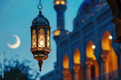 Ramadan lantern with moonlight and mosque background