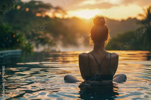 Serene Sunset View from Infinity Pool with Woman Relaxing in Tropical Paradise