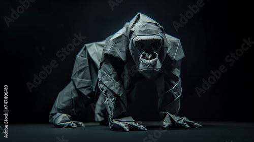 A striking origami gorilla displayed in a monochrome setting, highlighting detailed folds and an imposing stance.