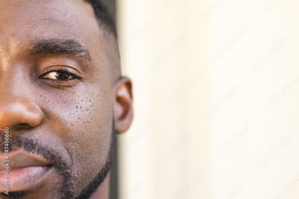 Close-up of an African American man with a thoughtful expression, with copy space Close-up of an African American man with a thoughtful expression, with copy space