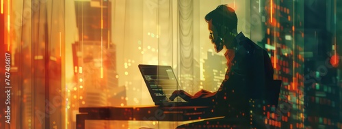a man is searching an internet site from his laptop, with information in flashing lights, in the style of double exposure