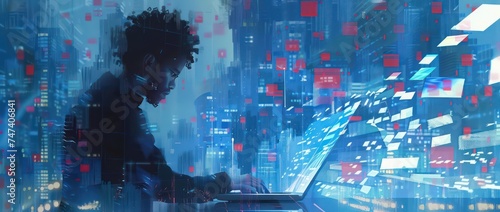 a man using a laptop with icons on blue background, in the style of cubist cityscapes, molecular structures