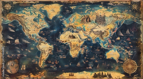 a map with the world in old style, in the style of disorienting spatial relationships, precisionism influence