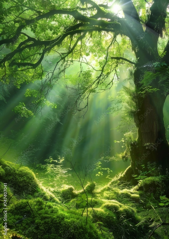 Sun rays shining through the trees in a beautiful forest.