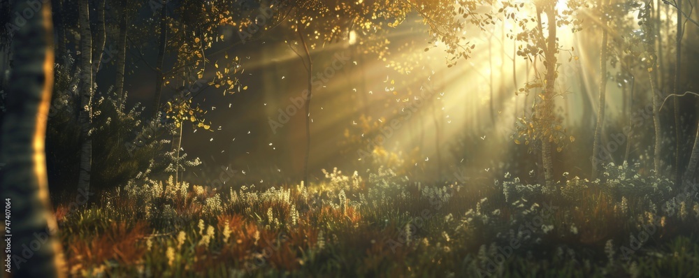 Sun rays shining through the trees in a beautiful forest.