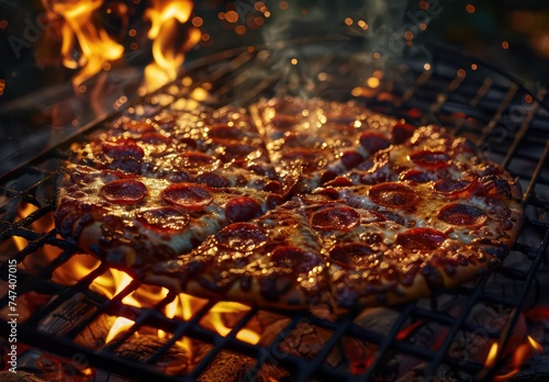 a pepperoni pizza with meat and cheese sitting on top of an open grill with flames