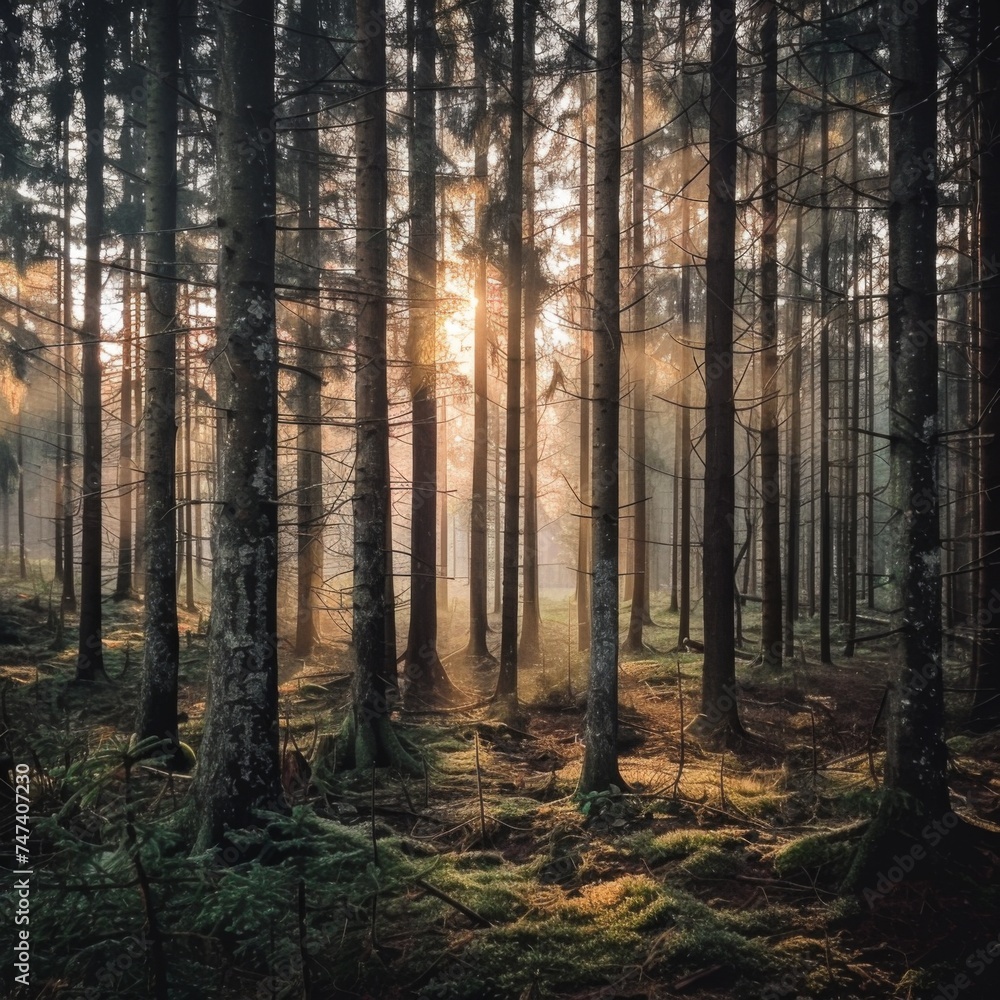 Fototapeta premium Sun rays shining through the trees in a beautiful forest.