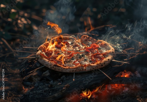 a pizza is cooked on some sticks while on fire