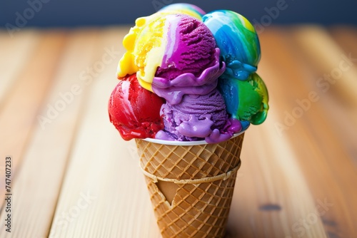 Vibrant Rainbow Ice Cream Cone with Flavors and Toppings on Wooden Background, Perfect Summertime Treat for Dessert Enthusiasts Seeking Colorful Refreshment on Sunny Day photo