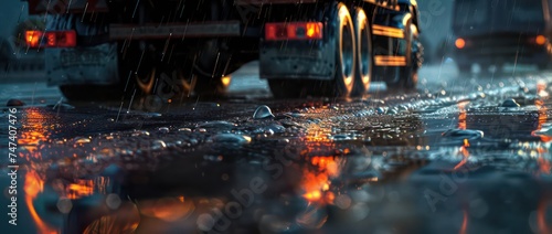 a rainy road with truck tires and light reflections photo