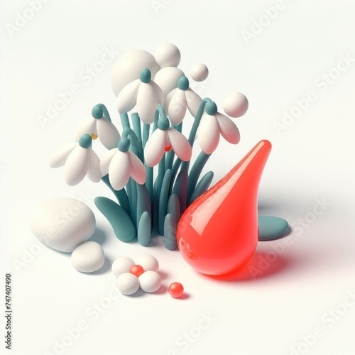Red and white snowdrops with drops of blood. 3D minimalist cute illustration on a light background.