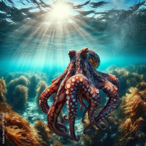 Octopus moves through the ocean currents, in clear waters 