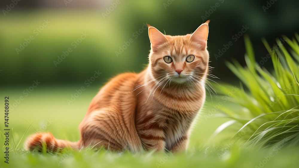 Red cat in green grass.