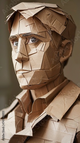A male model's face made from cardboard box presents a creative and original aesthetic highlighting the versatility of the material. Man's face in sustainable art.