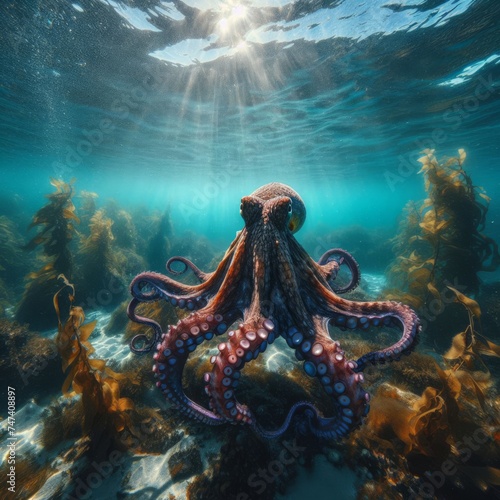 Octopus moves through the ocean currents, in clear waters 