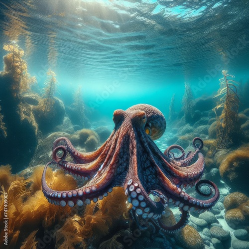 Octopus moves through the ocean currents, in clear waters 