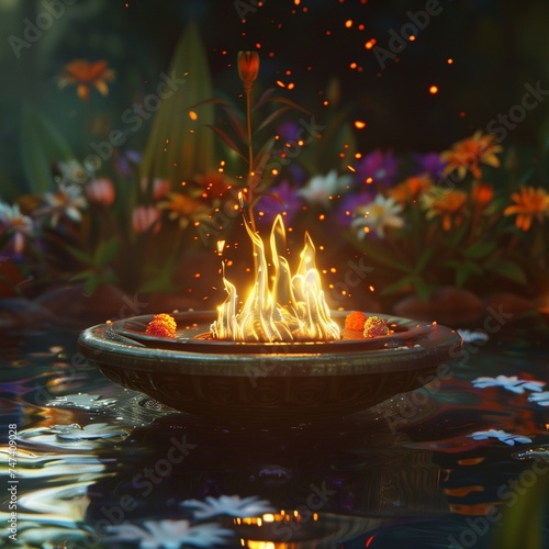 Envision a mystical garden blooming with exotic flowers of every hue, their fragrance filling the air with sweet intoxication. At the heart of the garden, a sacred fire burns eterna