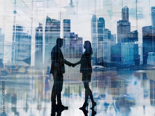 business people shaking hands in front of a city  in the style of grid-like structures  gray and blue