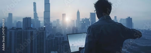 businessman holds laptop while pointing to city skyline on a screen, in the style of abstract structures, light silver and indigo